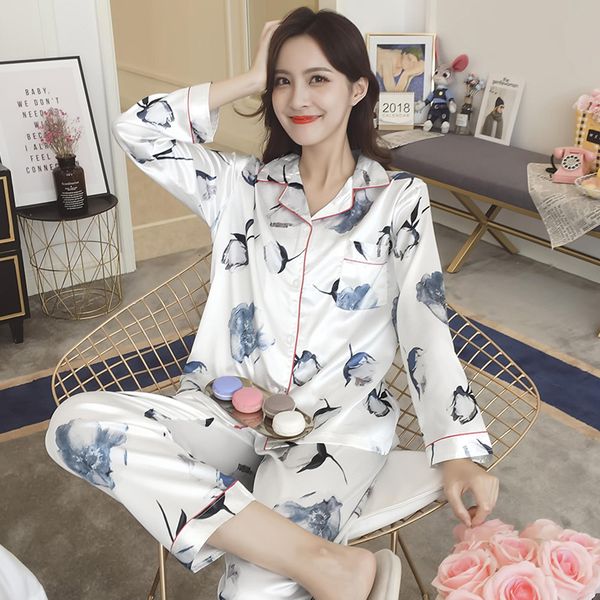 

yidanna female autumn long sleeved sleep clothing silk sleepwear women nightwear lady button nighty full length turn-down collar, Blue;gray