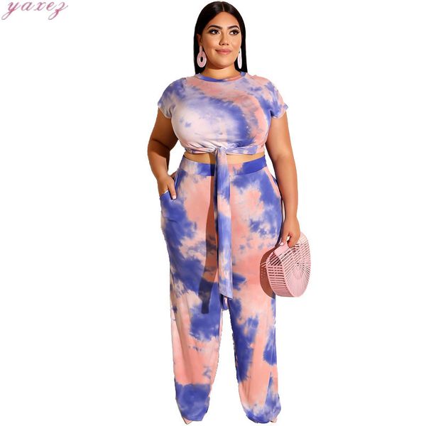

tie dye print 2 piece sweat suit women clothes 2019 o neck short sleeve crop and wide leg pants plus size matching set, White