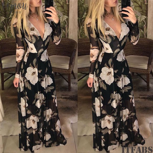 

autumn fashion women maxi boho long dress floral summer beach evening printed dresses party v neck sundress new, Black;gray
