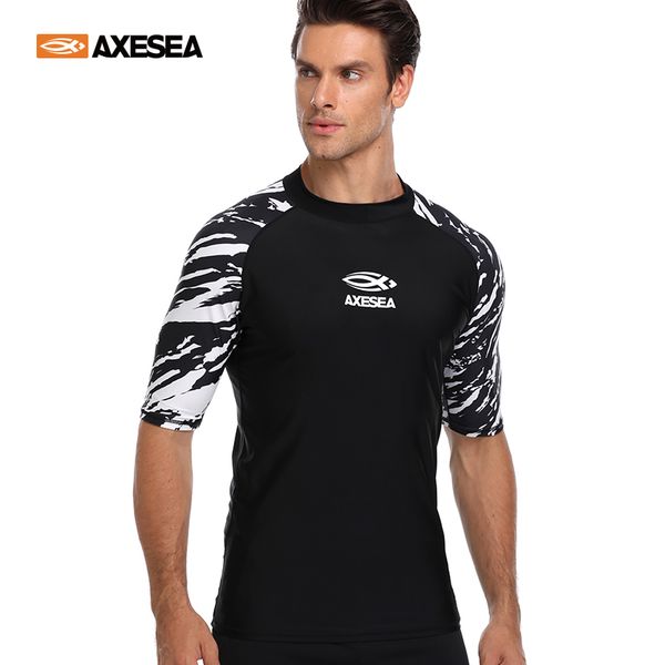 

axesea мужчины с коротким рукавом rash guard t-shirt купальник rashguard quick dry лоскутная swimwear surf рубашка top uv спорт гидрокостюмы, White;black