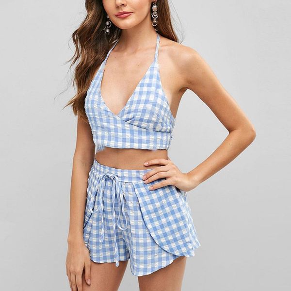 

women sweet plaid print simple high waist halter cross strap bandage split bikini set swimsuit