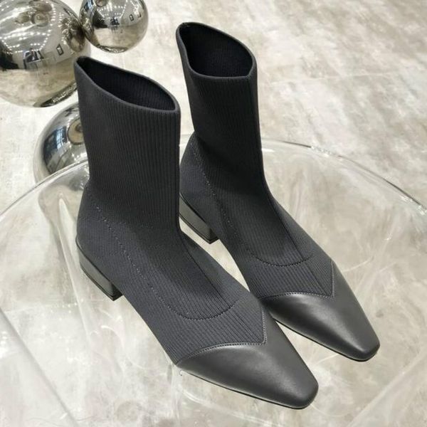 

2020 autumn ankle boots sock boots knitting stretch low heels for women fashion pointed toe shoes booties female, Black