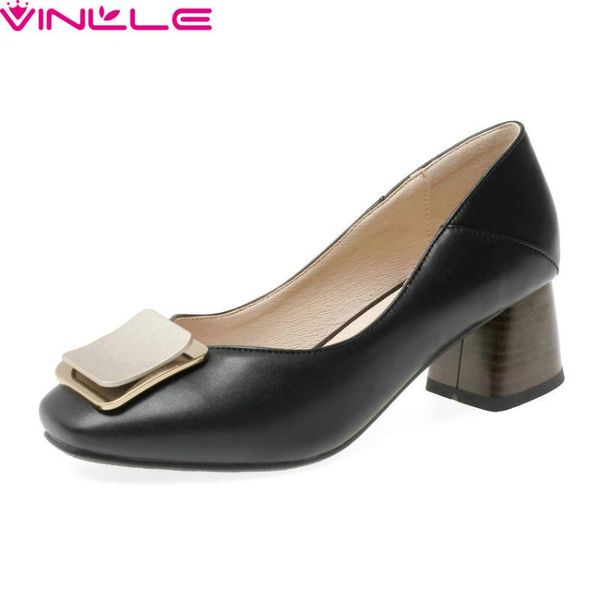 

vinlle 2020 повседневный круглый toe площади высокий каблук скольжения на ladies одной обуви весна кожа pu все match женщины насосы большого, Black