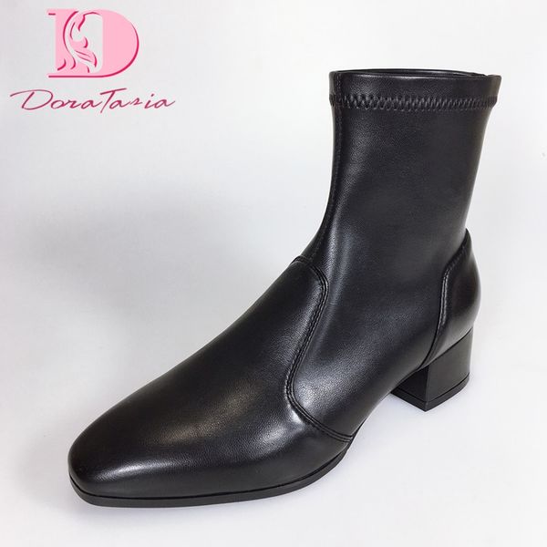 

doratasia 2020 square toe sock shoes women boots square heel slip on elegant lady ankle boots shoes woman, Black