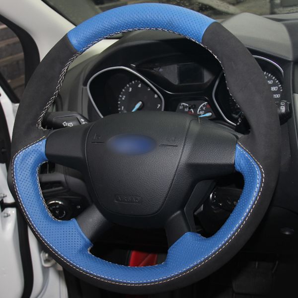 

blue genuine leather black suede hand sewing car steering wheel cover for ford focus 3 2012-2014 kuga 2013-2016
