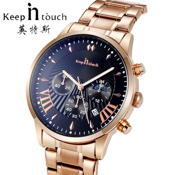 

keep in touch fashion moon men watches analog quartz wristwatches waterproof chronograph sport date steel watches montre homme, Slivery;brown