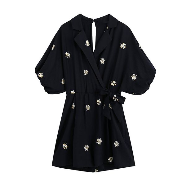 

women chic floral embroidery playsuits vintage cross v neck puff sleeves female short jumpsuits club loose women blouse 2020, Black;white