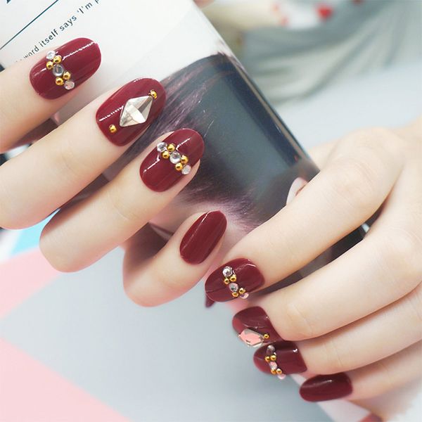 

24pcs lots fake nails with glue for finger gorgeous bride nail art 3d rhinestone designs medium length hybrid false nail tips, Red;gold