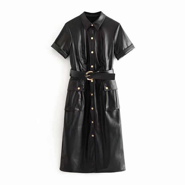 

fashion pu faux leather dress women short sleeve solid casual dress stylish turn down collar pockets dresses with belt vestidos, Black;gray