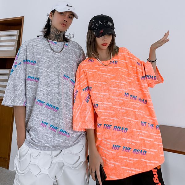 

2020 summer new letter full printed short-sleeved t-shirt male bf lazy wind loose oversized couple five-point sleeve, White;black