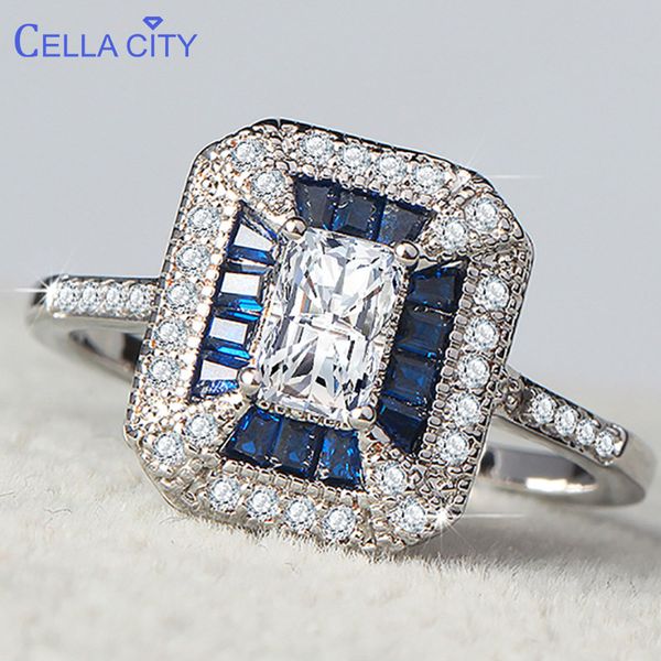 

cellacity special design rectangle silver 925 jewelry zircon sapphire ring for women fashion female wedding accessories gifts, Golden;silver