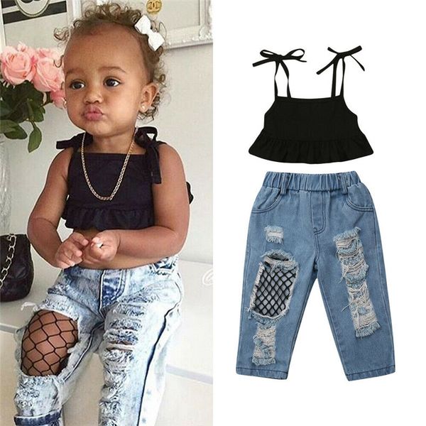 1-6Years Kids Baby Girls Summer Outfits Fashion Party Clothes Sleeveless Black Vest Crop Tops+Fish Net Denim Pants 2Pcs Sets