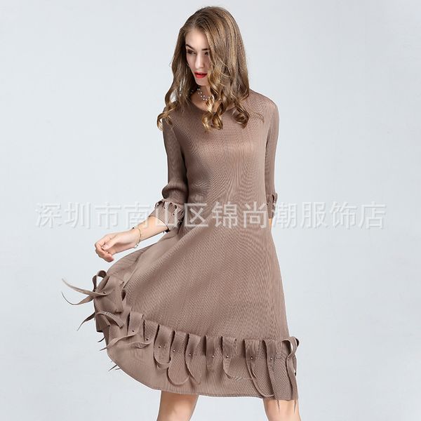 

miyake pleated 2019 spring clothing new products beads tassels dress women's loose-fit elasticity big hemline a- line mid-length, White;black