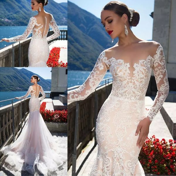 

2019 vintage long leeve mermaid wedding dre e button back tulle applique heer lace beach wedding bridal gown