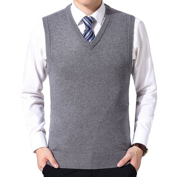 

2019 men knitting sweater vest solid color cashmere sweaters sleeveless pullover men v-neck knitted waistcoat jersey hombre, White;black