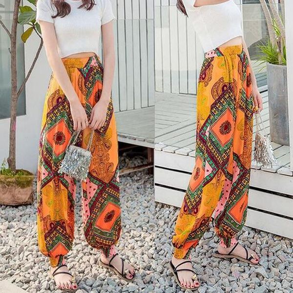 

pants women social casual 2019 yellow color polyster bohemian printed beach pants loose harem bloomers z4, Black;white
