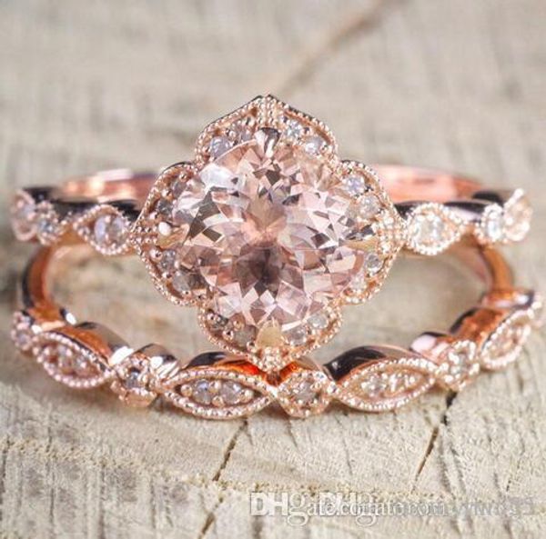 

2 pcs set crystal ring jewelry rose gold color wedding rings for women girls gift engagement wedding ring set, Silver