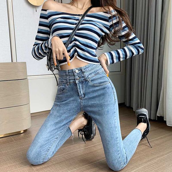 

2020 spring new high-waist jeans women's tight feet pants korean version was thin pencil pants light blue