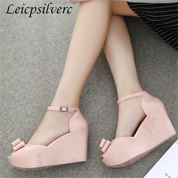 

summer jelly fish mouth sandals slope heel woman bow platform open toe high-heeled women shoes, Black