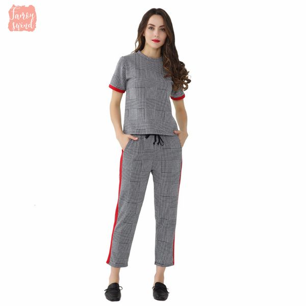 

женщины шикарные брюки боковые полосы плед кулиской карманы британский стиль леди осень kz1131 моды случайные брюки, Black;white