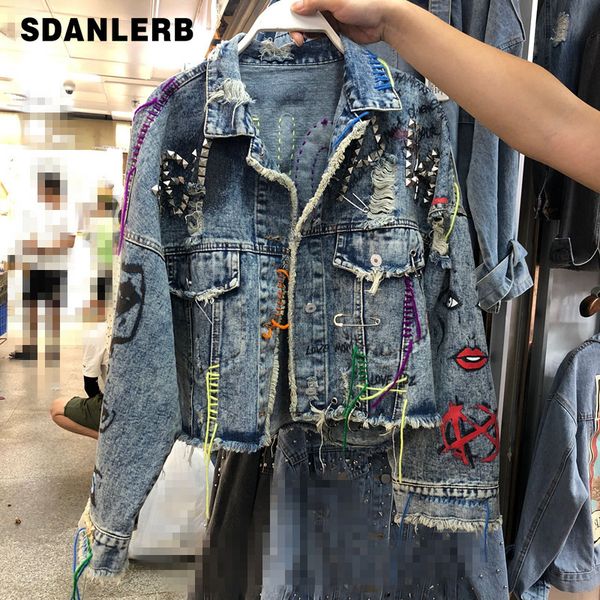 

autumn denim jacket women heavy industries rivet colored tassels graffiti hole loose jeans jackets female personality short coat, Black;brown
