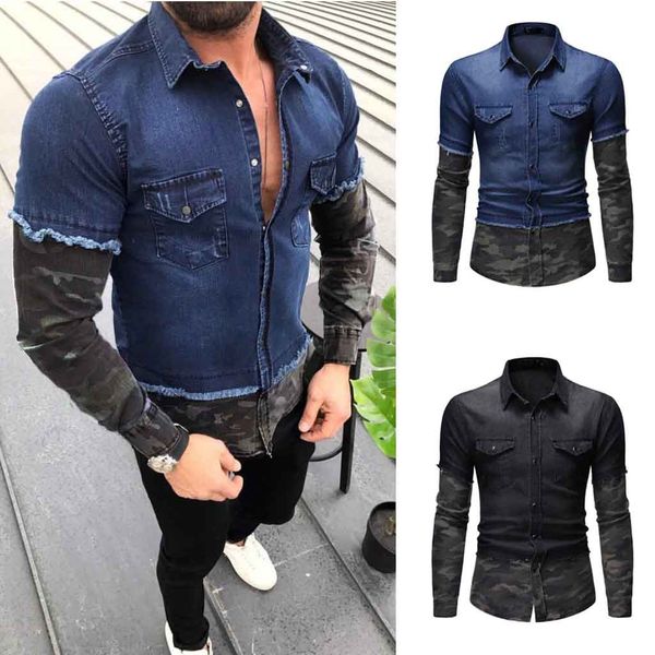 

2019 autumn&winter men casual camouflage patchwork panel button down turn down collar denim shirt blouse camisa vaquera#50, White;black