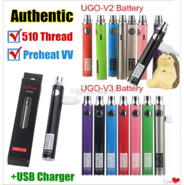 Otantik UGO-V II 2 Pil 510 İplik Vape Kalemi UGO V3 Değişken Voltaj Ön Isıtma Kitleri EVOD EGO MICRO USB Geçiş Kartuşu ECIGS