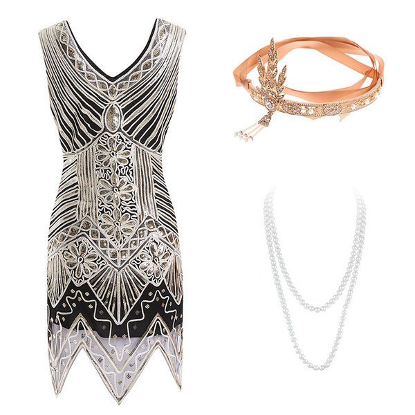 

gatsby dress 1920s flapper dress roaring 20s costume fringe sequin beaded gold dress and art deco accessories(s-xxl, Black;gray