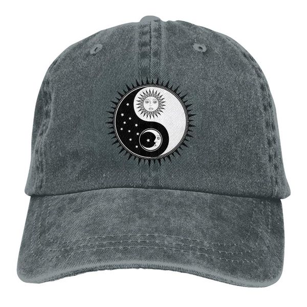 

cloches yin yang sun moon faces stars occult and mystic sign washed cotton pure color light board men's baseball cap stitching dad hat, Blue;gray