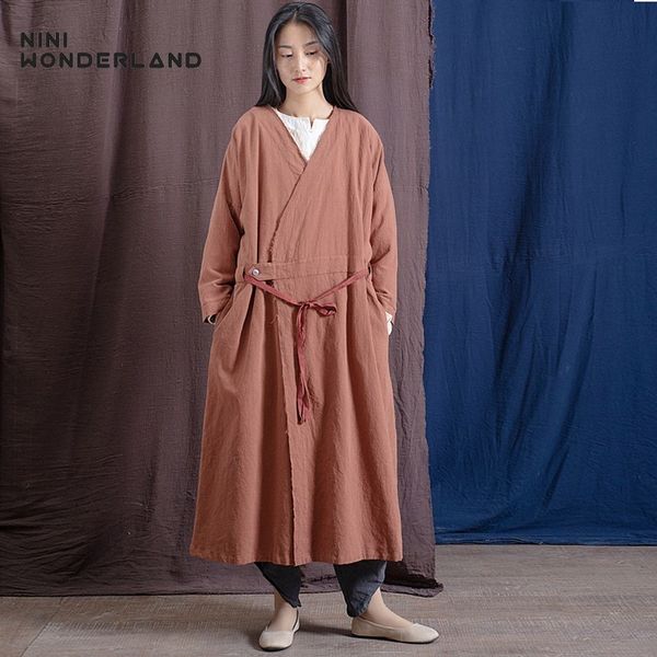 

nini wonderland 2019 spring cotton linen long trench coat women torn edges loose cardigan coat female autumn large size outwear, Tan;black