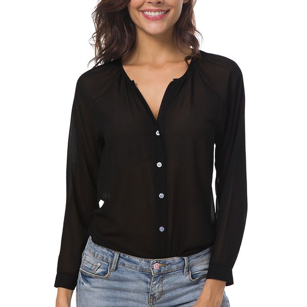 

простой бизнес стиль женщина с длинным рукавом кнопка v-образным вырезом micro-perspective sexy top shirt передняя короткие длинные вернутьс, White