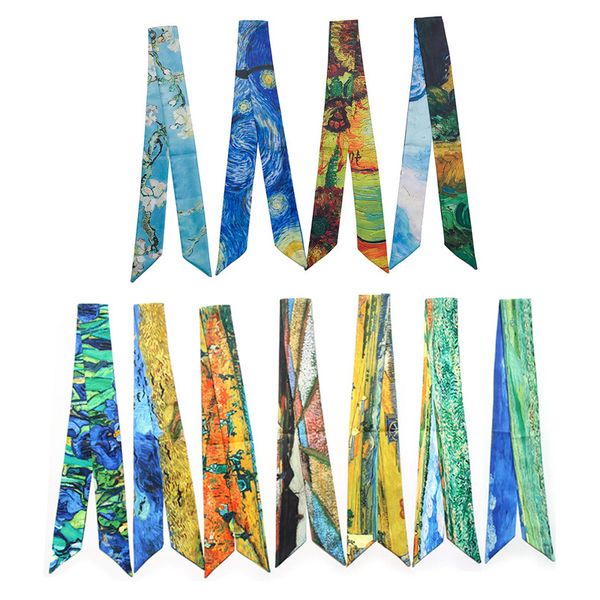 

women neckerchief scarf art design wheat apricot painting sky tie bag handle ribbon headband women girls decoration, Blue;gray