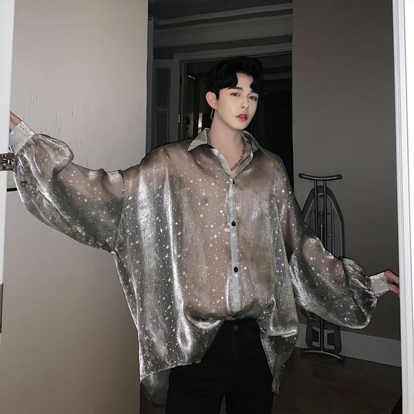 

summer mesh see-through oversize men shirt stars printed large size blouse man vintage long sleeve transparent thin shirts, White;black