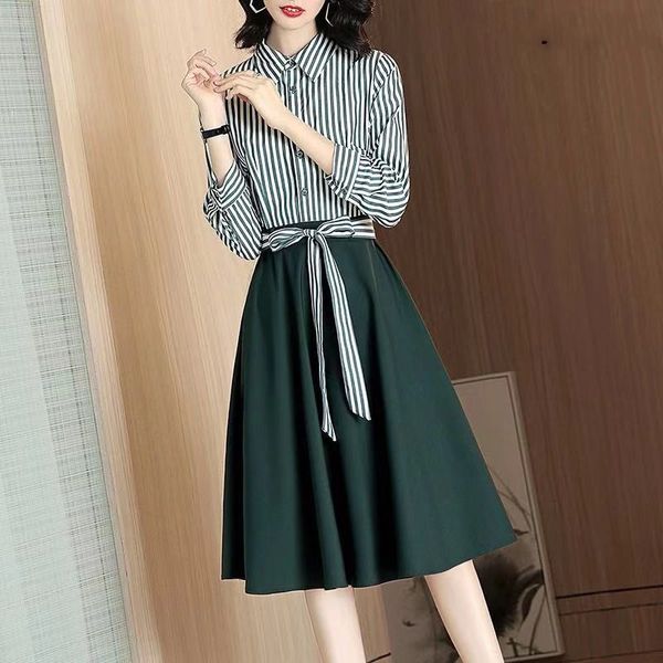 

party dresses backlakegirls 2021 autumn winter contrast color retro green dress for women office casual striped girl pleated shirt, White;black