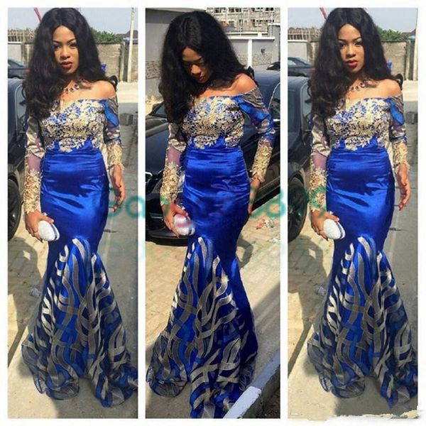 

royal blue mermaid prom dresses 2019 nigeria long sleeve evening dress aso ebi style appliqued off shoulder african formal gowns 1103, Black;red