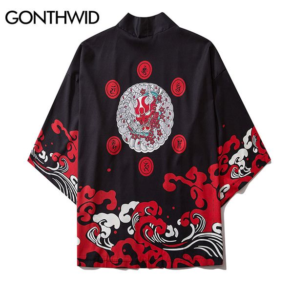 

gonthwid japanese devil print kimono cardigan shirts casual open front coats streetwear harajuku hip hop jackets summer men, Black;brown