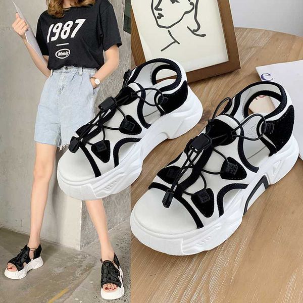 

sports and leisure dad sandals female 2020 new summer wild lace-up muffin shoes tide shoes thick bottom increased z680, Black