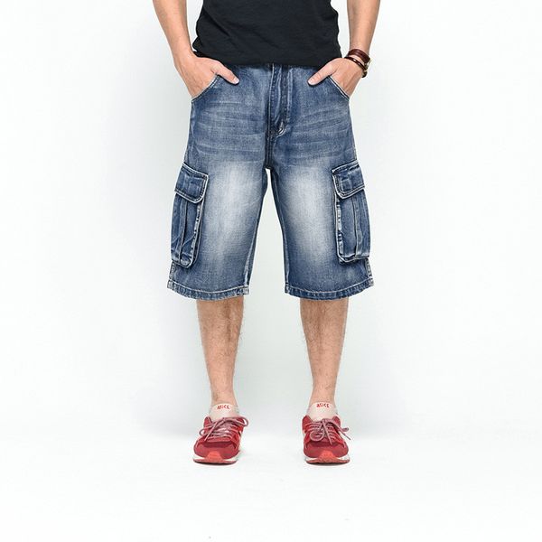 

kimsere men fashion hip hop cargo jeans shorts with multi pockets hi street loose fit skateboard denim shorts plus size 30-46, Blue