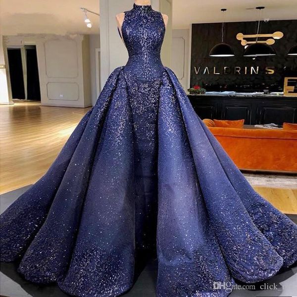 Abiti da sera blu navy arabi di Dubai con strascico staccabile Collo alto Appliques Paillettes Robe De Soiree Abito lungo da ballo Abiti da celebrità