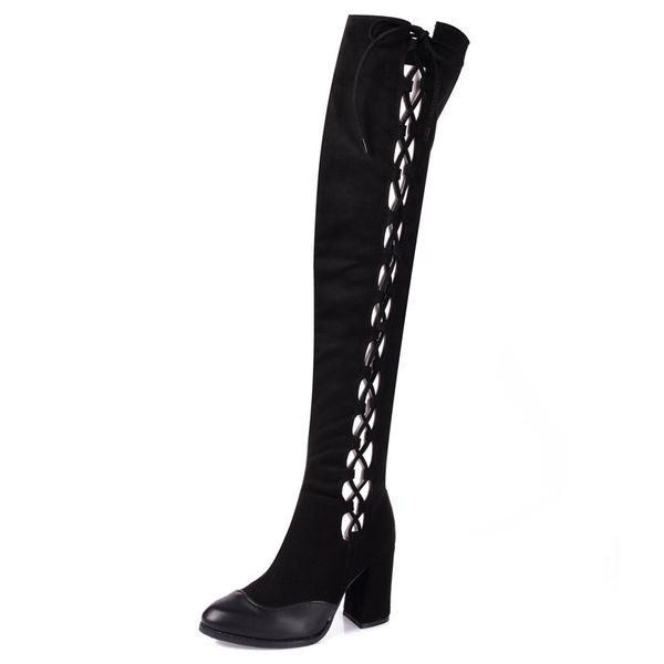 

2019 hollow knee-high boots women's thick heel plus velvet shaping thin leg elastic women's boots winter women, Black