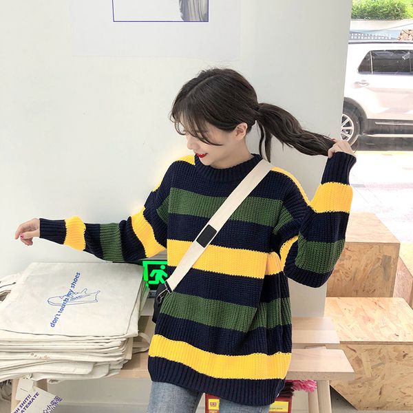 

autumn winter new korean style casual striped knitted sweaters women's clothing loose long sleeve fashion brand o-neck hot, White;black