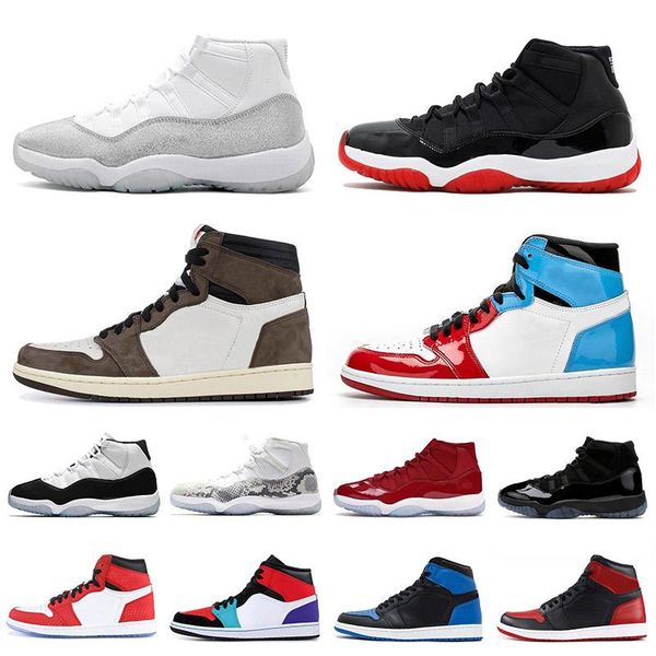 

jumpman 23 378037-061 bred 11 concord 45 metallic silver 11s travis scott 1s mens womens basketball shoes snakeskin fearless trainers