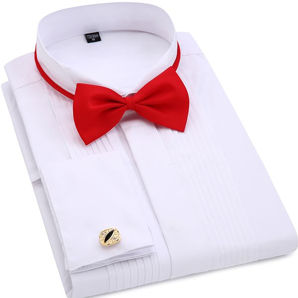 

men wedding tuxedo long sleeve dress shirts french cufflinks swallowtail fold dark button design gentleman shirt white red black, White;black
