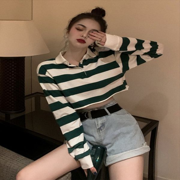 

season ins lapel long sleeve high waist elegant polo shirt short harajuku women's loose top, White