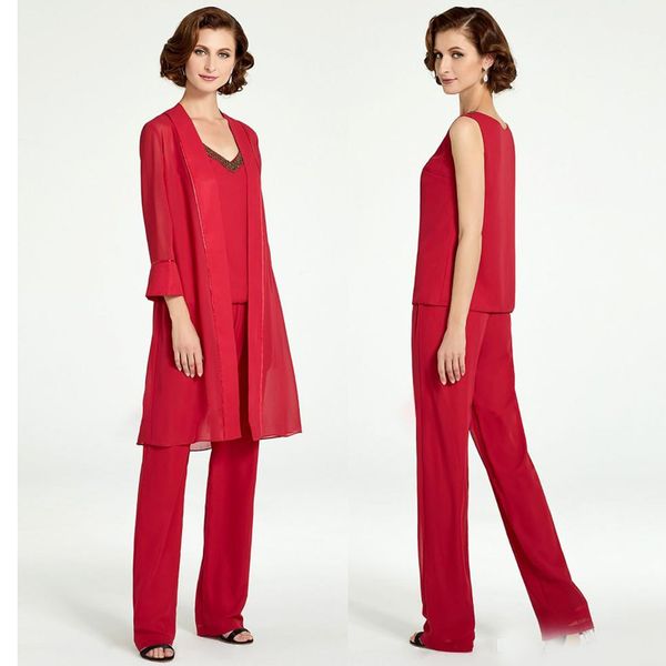 

red three-pieces mother of bride pant suits 2020 v neck beaded chiffon mother's groom dress wedding guest formal evening gowns, Black;red