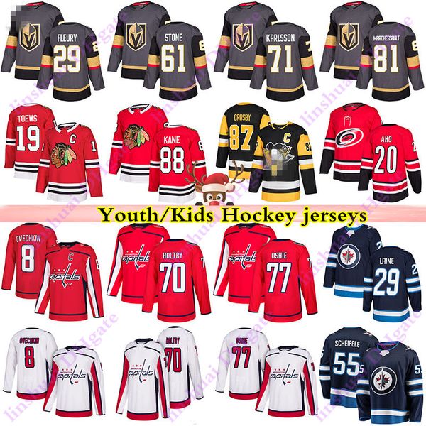 

youth kids jerseys 29 fleury 61 ston 71 karlsson 29 laine 8 ovechkin 77 oshie 19 toews 88 kane crosby aho hockey jersey, Black;red