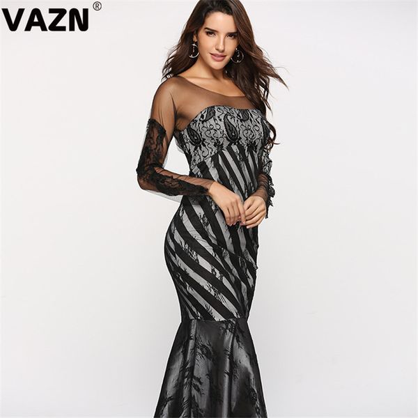 

vazn high-end patchwork lace open club untidy fashion full sleeve high waist women maxi mermaid dress, Black;pink