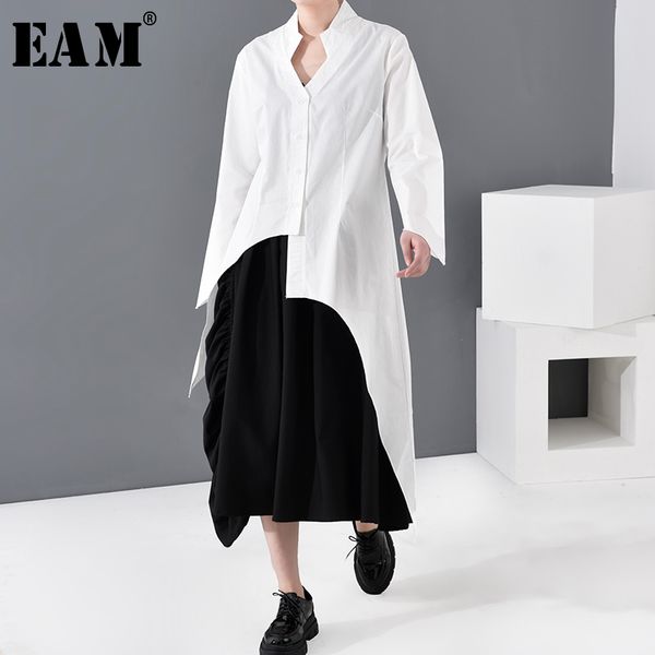 

eam] women white asymmetrical long blouse new v-collar long sleeve loose fit shirt fashion tide spring autumn 2020 1r30400