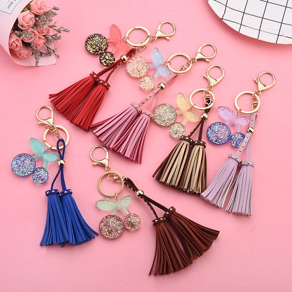 

creative imitation cherry acrylic key chain accessories women tassel key ring leather keychain car jewelry charm bag pendants, Silver