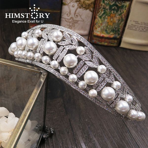 

wave shape cubic zircon cz crown big round shinny imitation pearl tiaras diadema wedding hair accessories hair jewelry, Golden;white